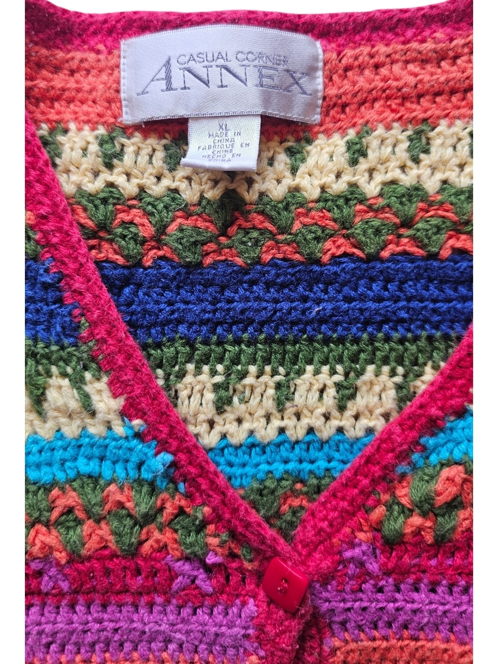 Casual Corner Annex Crochet Cardigan XL Colorful Striped Boho Knit Button Front - Picture 2 of 11